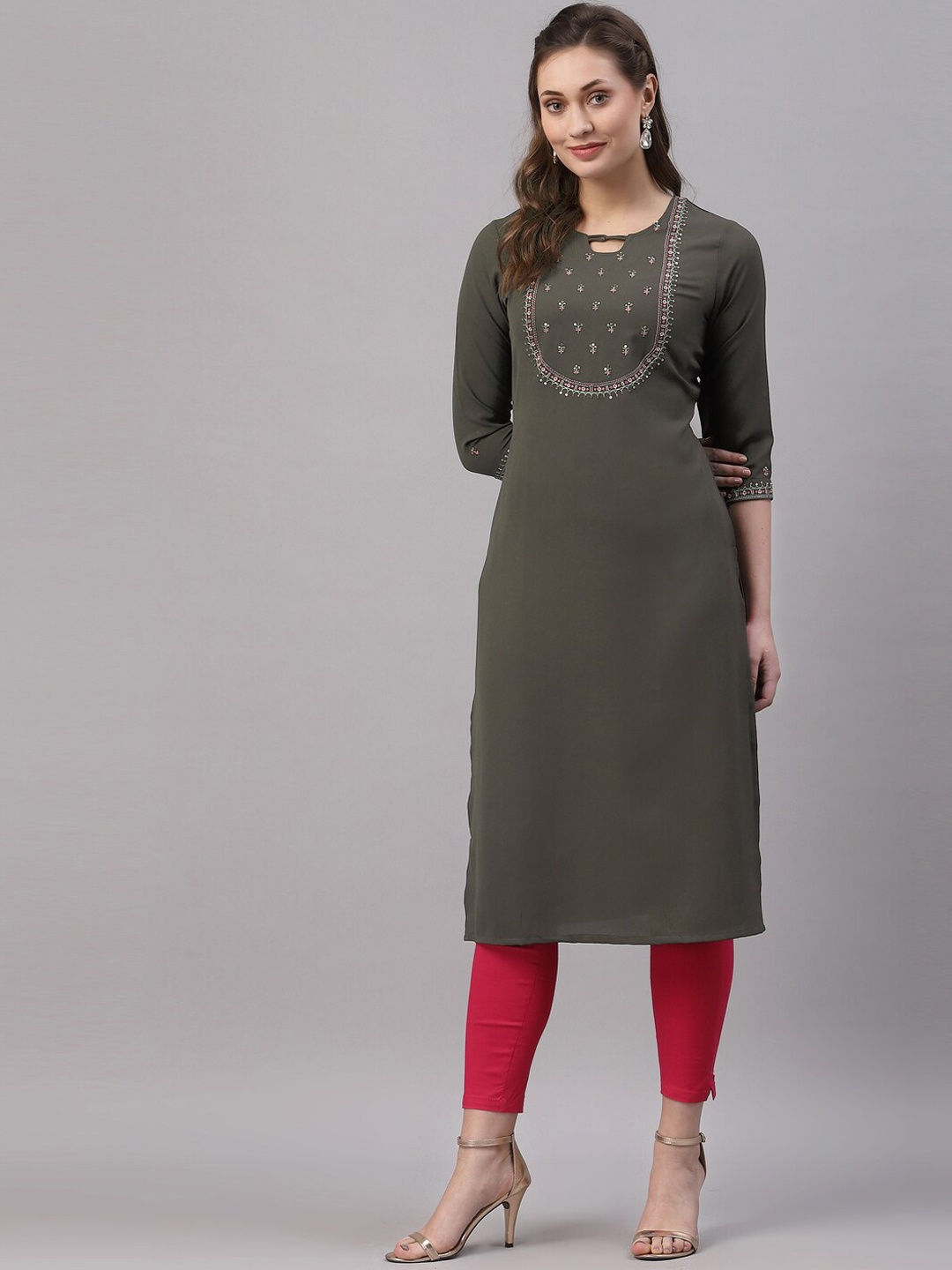 

KALINI Women Olive Green & Pink Yoke Design Keyhole Neck Embellished Kurta