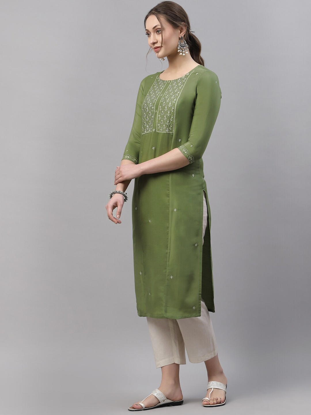 

KALINI Women Olive Green Embroidered Thread Work Kurta
