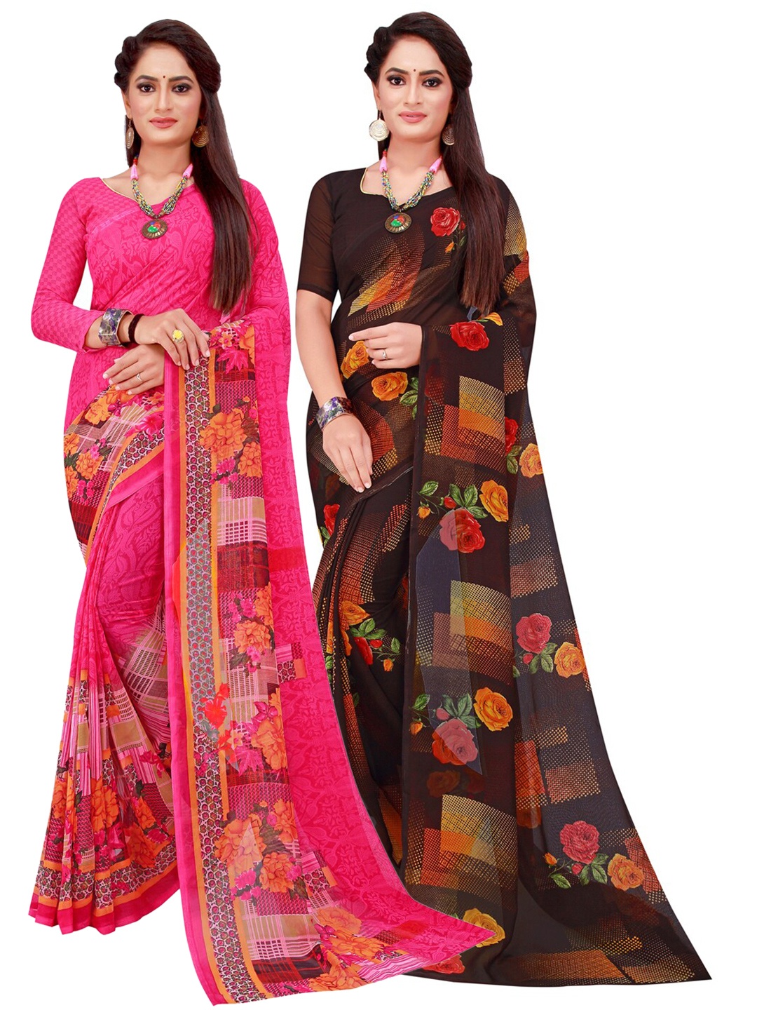 

SAADHVI Magenta & Black Floral Pack of 2 Pure Georgette Saree