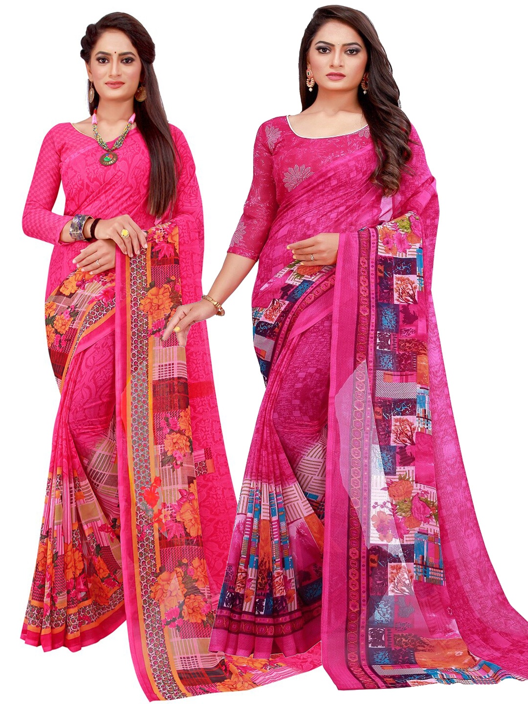 

SAADHVI Magenta & Blue Geometric Print Pack of 2 Pure Georgette Saree