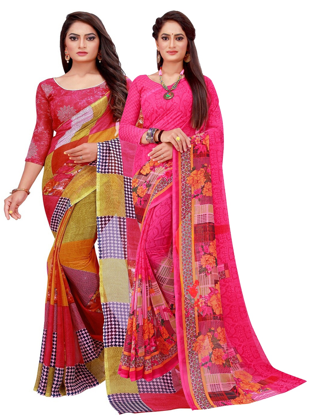 

SAADHVI Red & Magenta Geometric Print Pack of 2 Pure Georgette Saree
