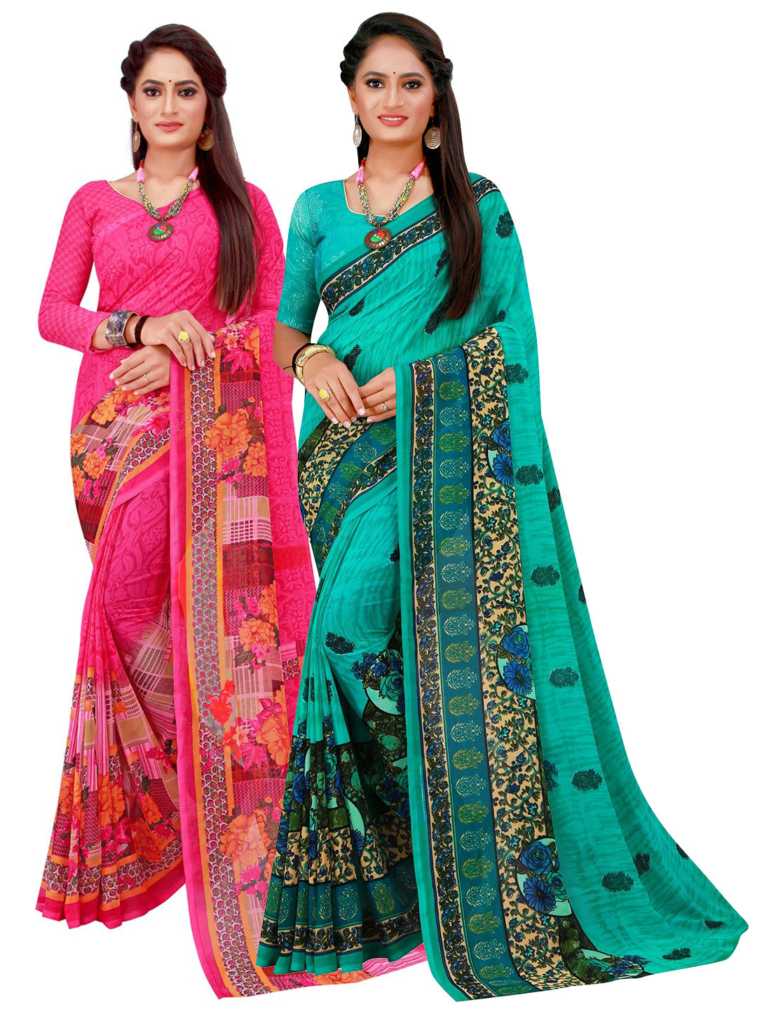 

SAADHVI Magenta & Turquoise Blue Floral Pack of 2 Pure Georgette Saree