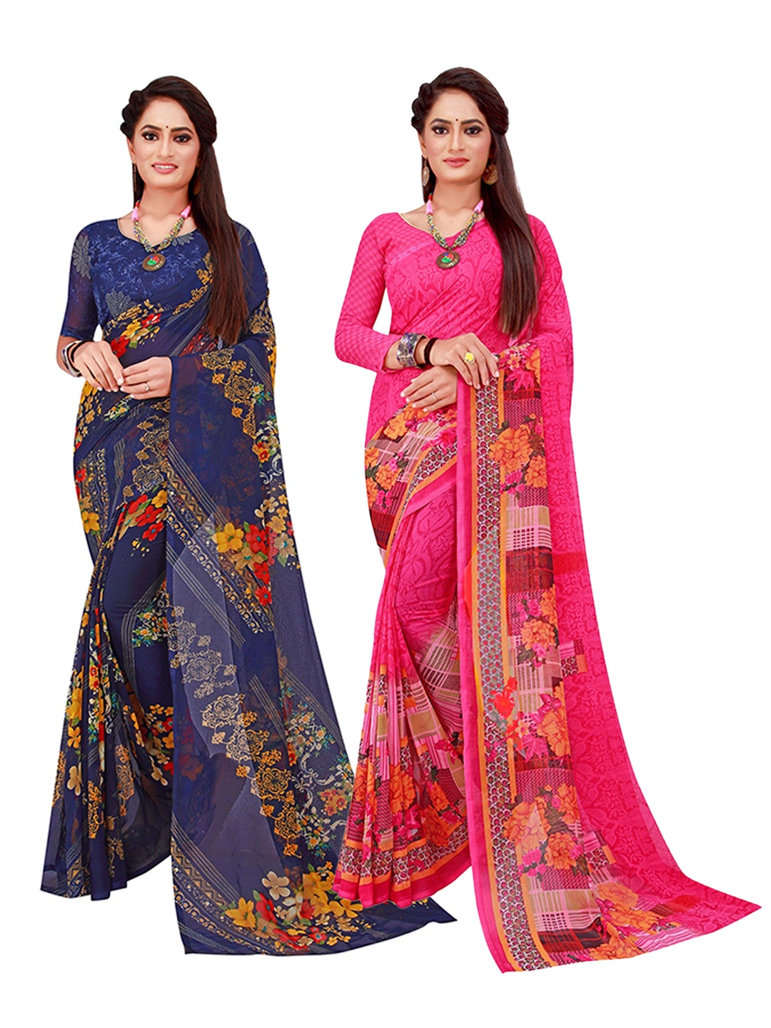 

SAADHVI Magenta & Navy Blue Floral Pack of 2 Pure Georgette Saree