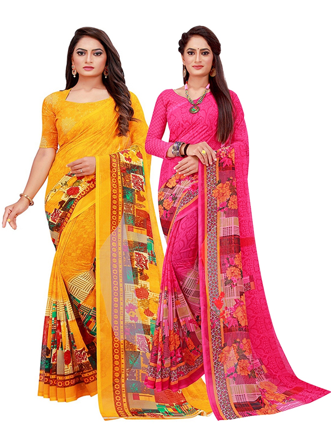 

SAADHVI Magenta & Yellow Geometric Printed Pack of 2 Pure Georgette Saree