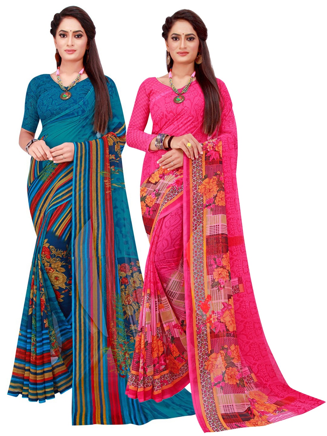 

SAADHVI Magenta & Blue Geometric Printed Pack of 2 Pure Georgette Saree