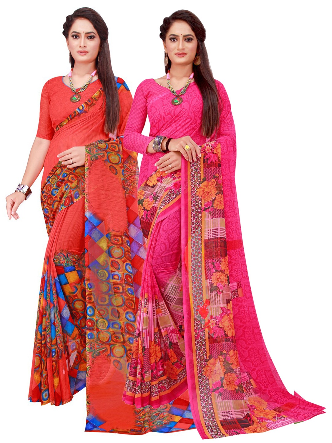 

SAADHVI Red & Pink Floral Pack of 2 Pure Georgette Saree