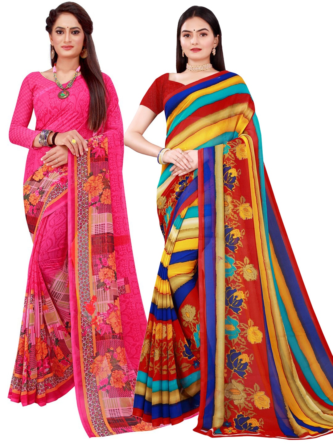 

SAADHVI Multicoloured & Magenta Striped Pack of 2 Pure Georgette Saree, Multi