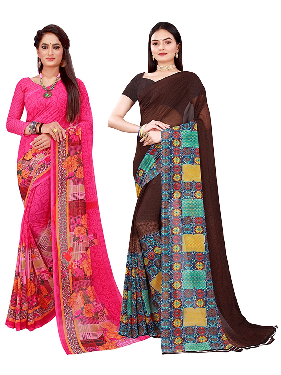 

SAADHVI Brown & Pink Geometric Printed Pack of 2 Pure Georgette Saree