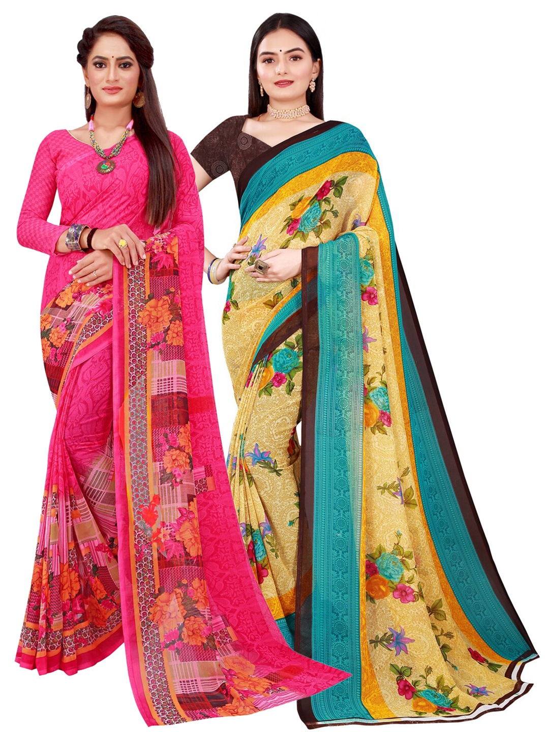 

SAADHVI Magenta & Beige Floral Pack of 2 Pure Georgette Saree