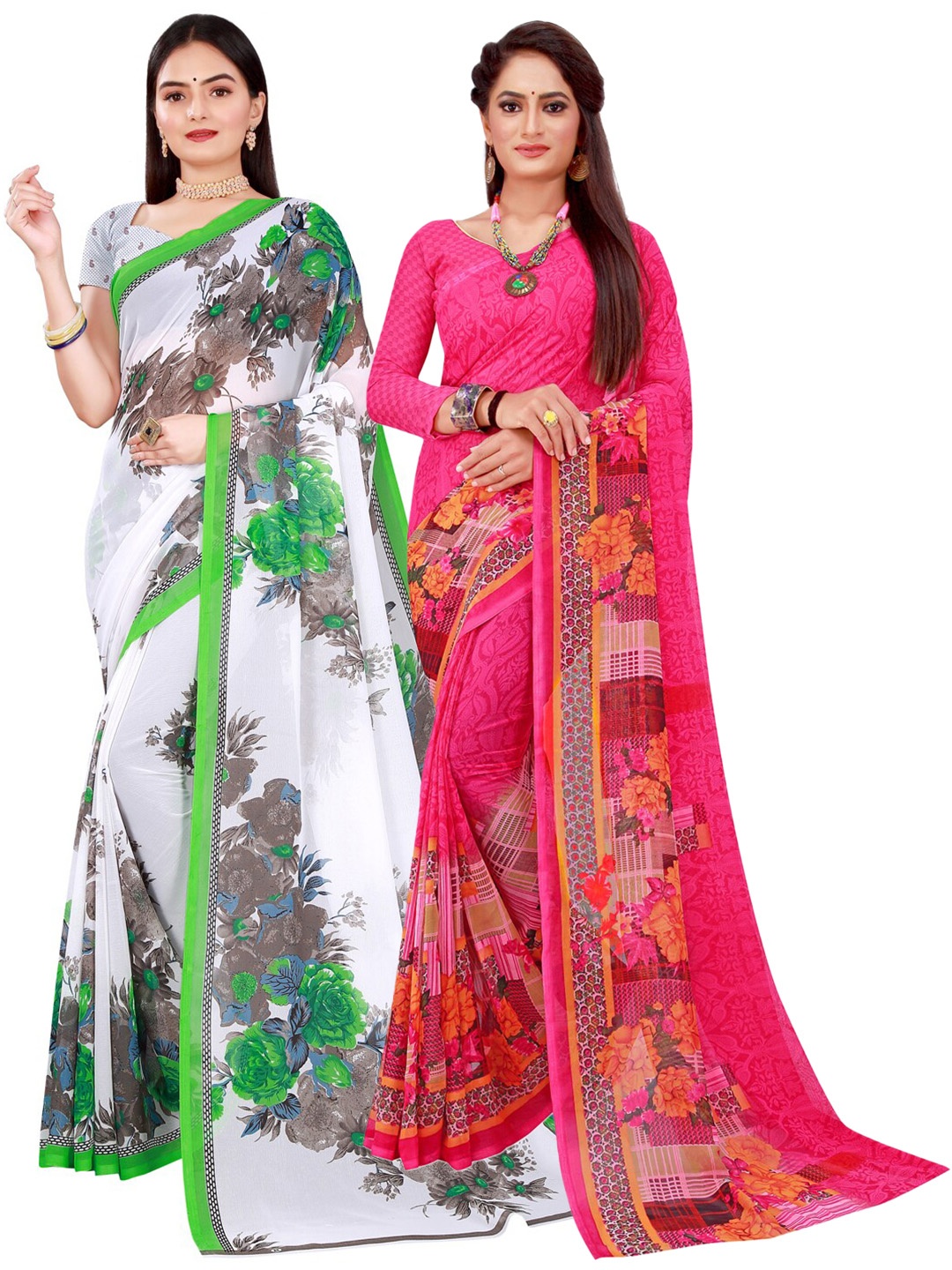 

SAADHVI Magenta & White Floral Pack of 2 Pure Georgette Saree