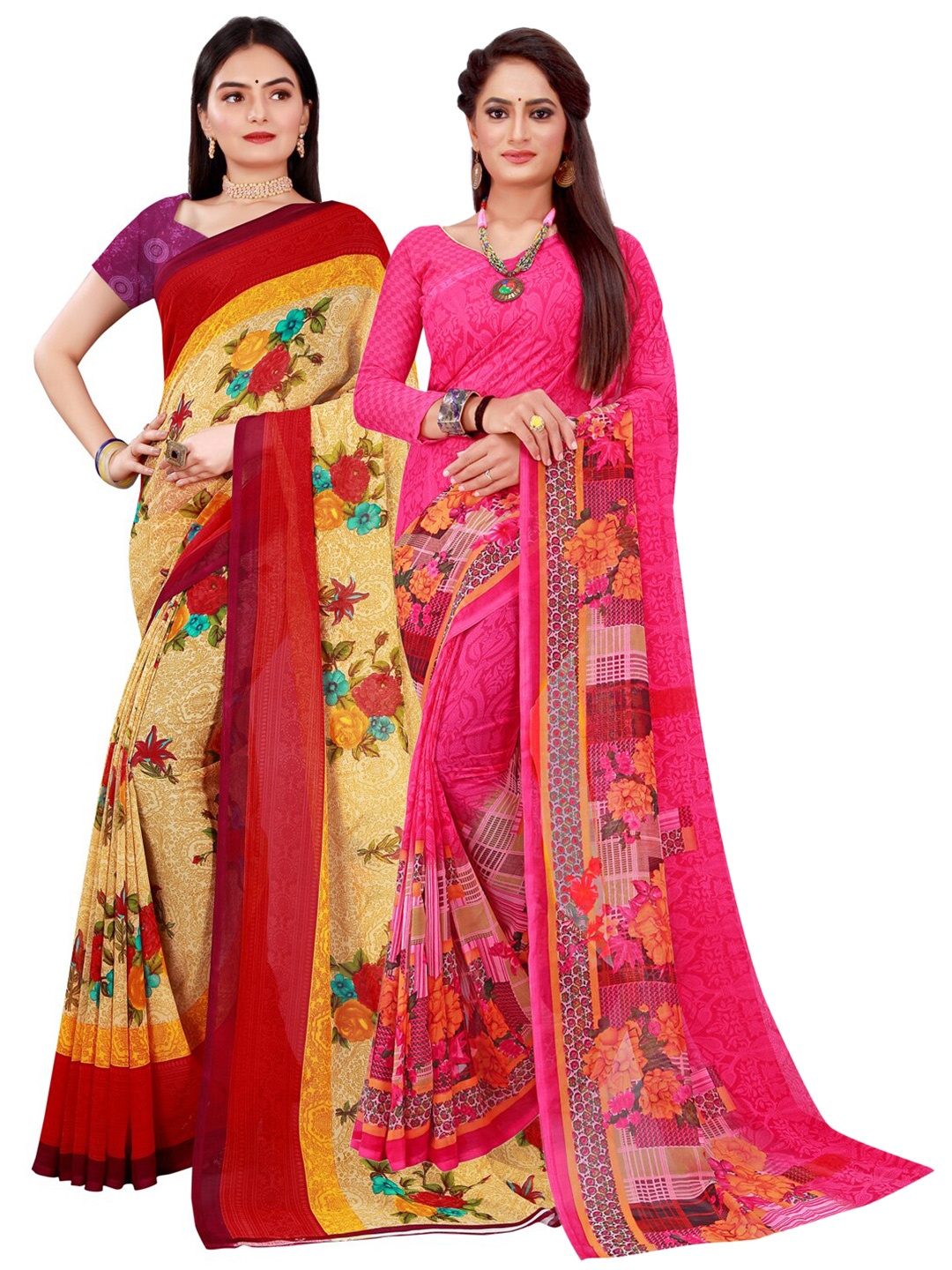 

SAADHVI Beige & Magenta Geometric Print Pack of 2 Pure Georgette Saree