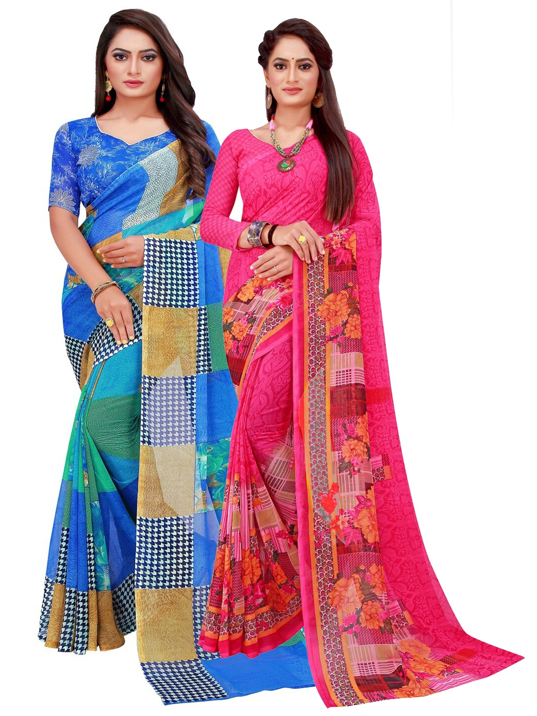 

SAADHVI Blue & Magenta Geometric Print Pack of 2 Pure Georgette Saree