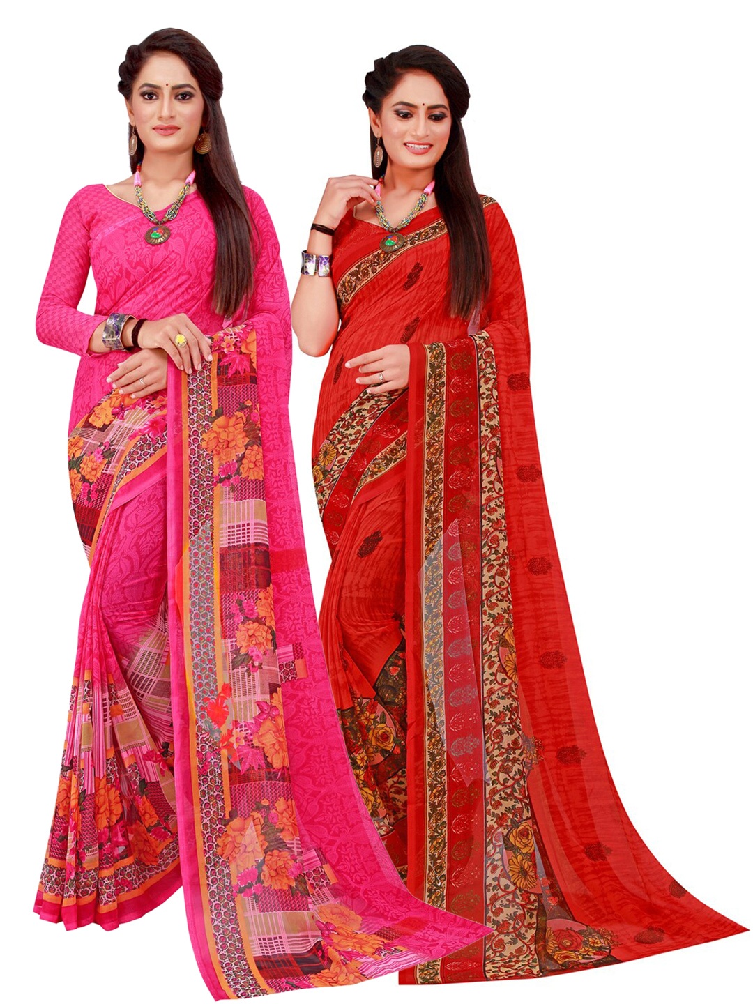 

SAADHVI Magenta & Red Floral Pack of 2 Pure Georgette Saree