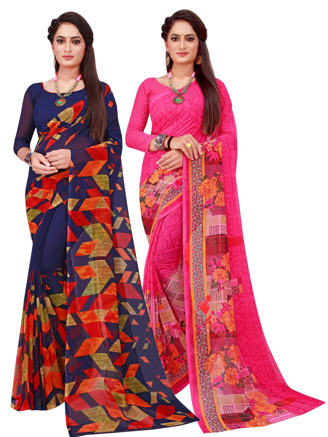 

SAADHVI Navy Blue & Magenta Geometric Print Pack of 2 Pure Georgette Saree