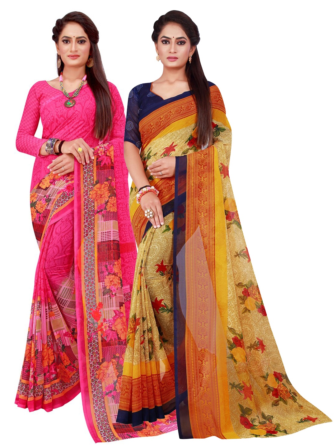 

SAADHVI Magenta & Yellow Floral Pack of 2 Pure Georgette Saree
