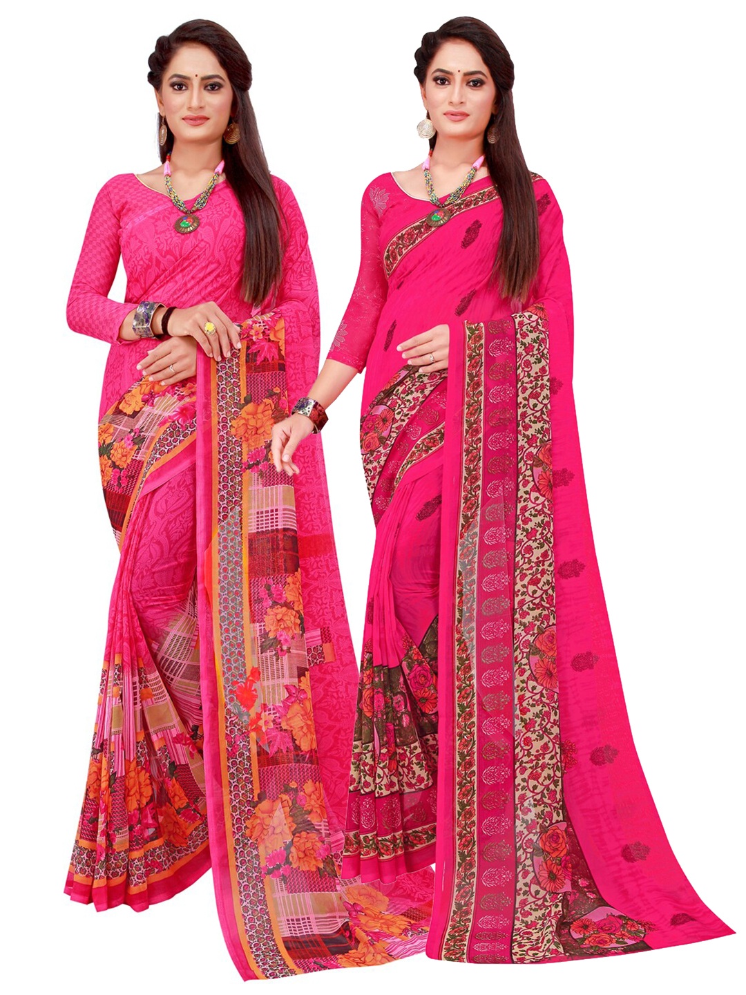 

SAADHVI Magenta & Red Geometric Print Pack of 2 Pure Georgette Saree