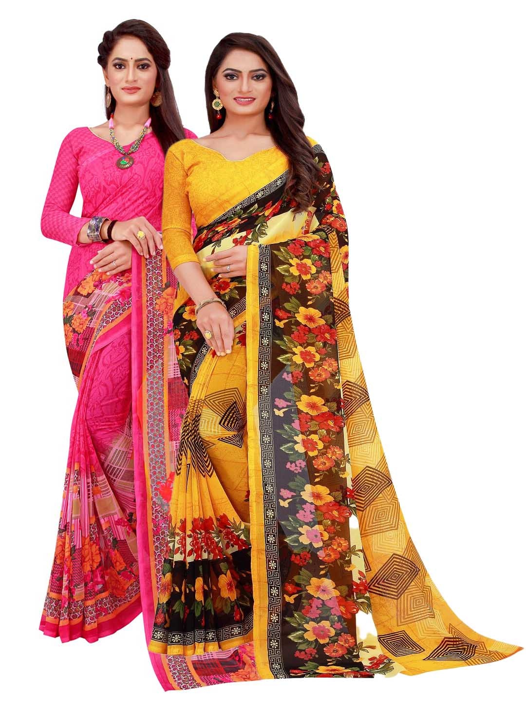

SAADHVI Yellow & Magenta Floral Pack of 2 Pure Georgette Saree