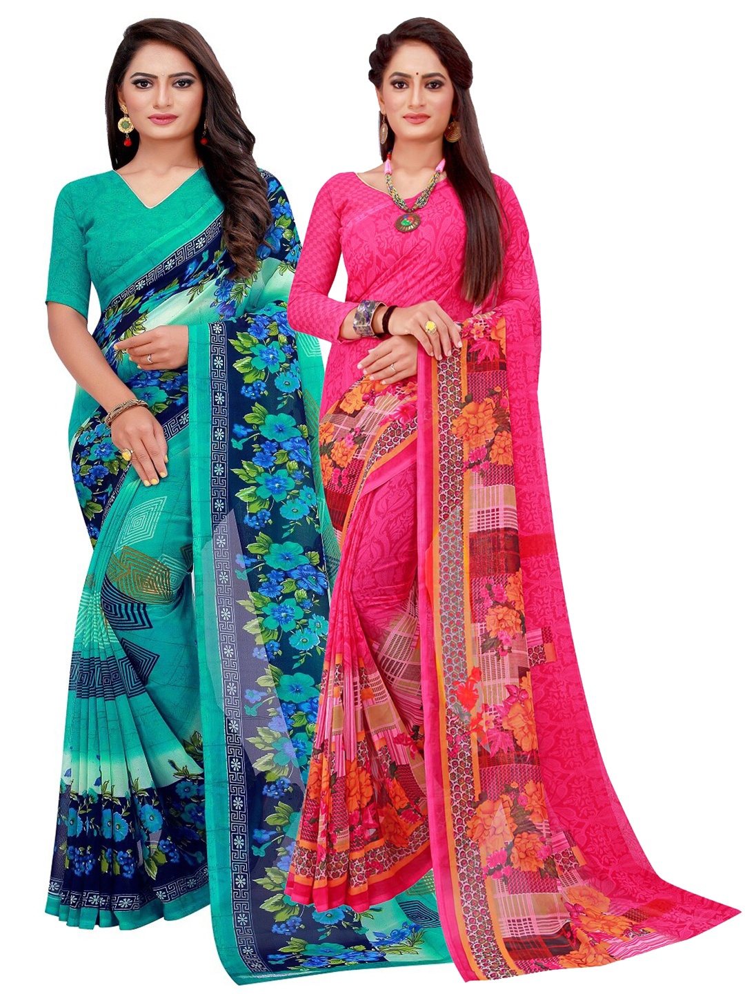 

SAADHVI Turquoise Blue & Magenta Geometric Print Pack of 2 Pure Georgette Saree
