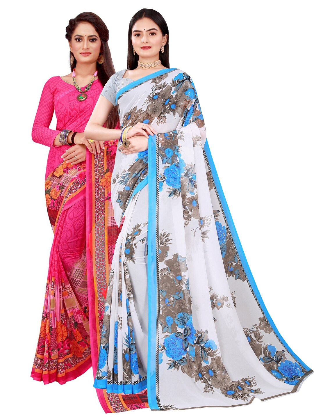 

SAADHVI Magenta & White Floral Pack of 2 Pure Georgette Saree