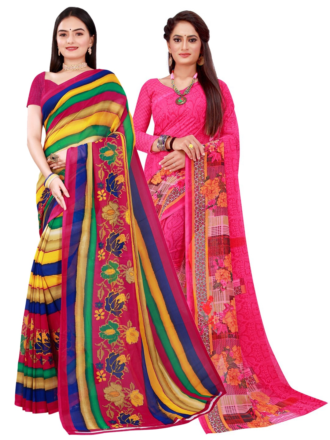 

SAADHVI Multicolor & Magenta Geometric Printed Pack of 2 Pure Georgette Saree, Multi