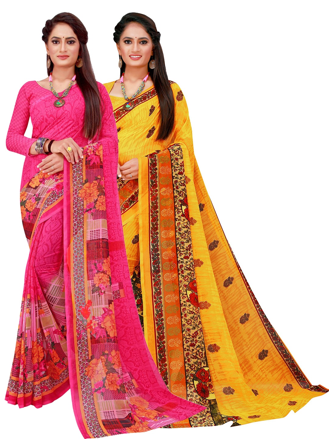 

SAADHVI Magenta & Yellow Geometric Print Pack of 2 Pure Georgette Saree