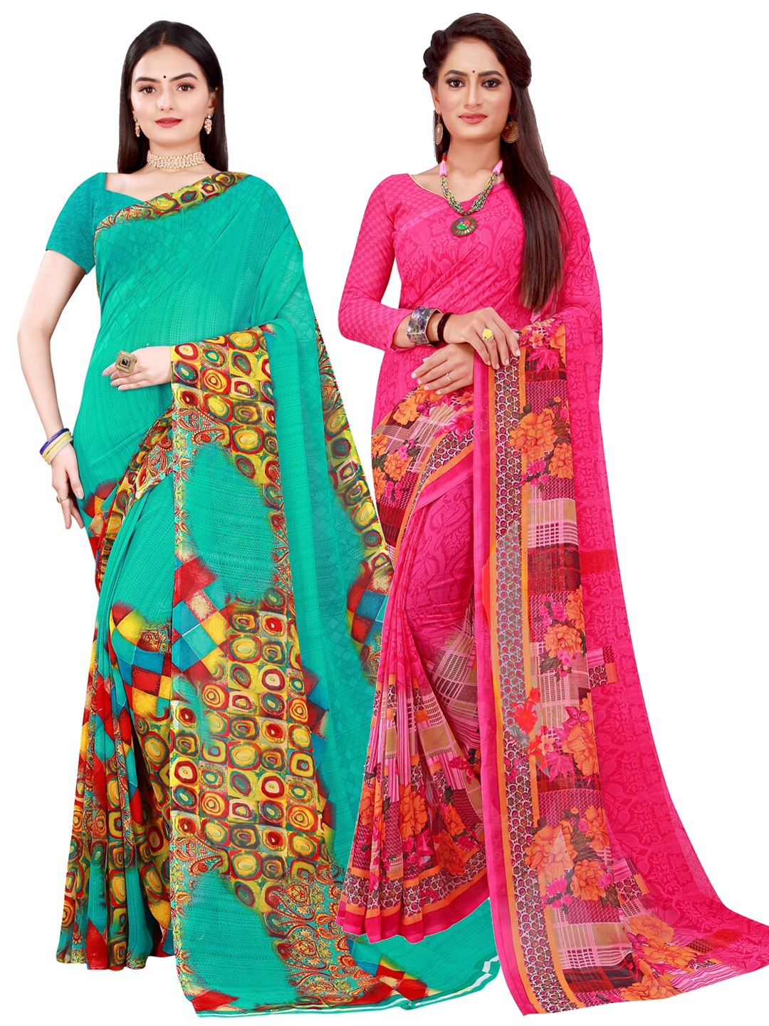 

SAADHVI Magenta & Green Abstract Print Pack of 2 Pure Georgette Saree