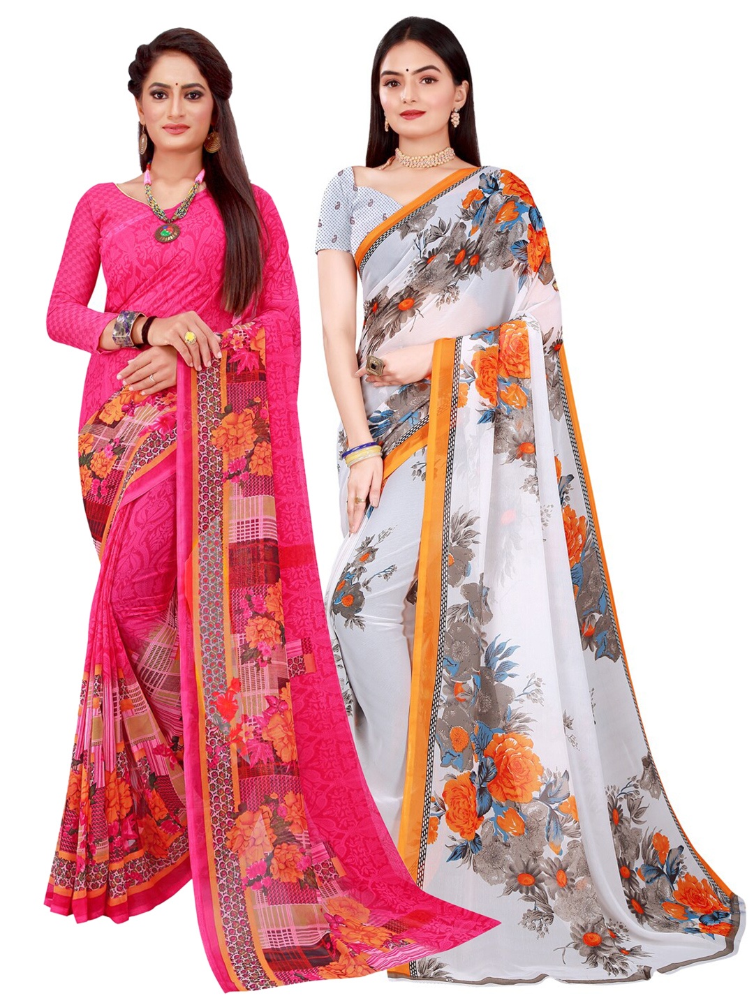 

SAADHVI Magenta & White Geometric Print Pack of 2 Pure Georgette Saree