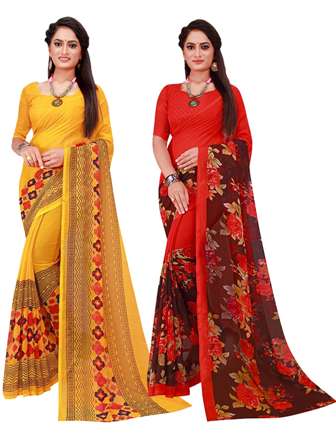 

KALINI Yellow & Red Floral Print Pack of 2 Pure Georgette Saree