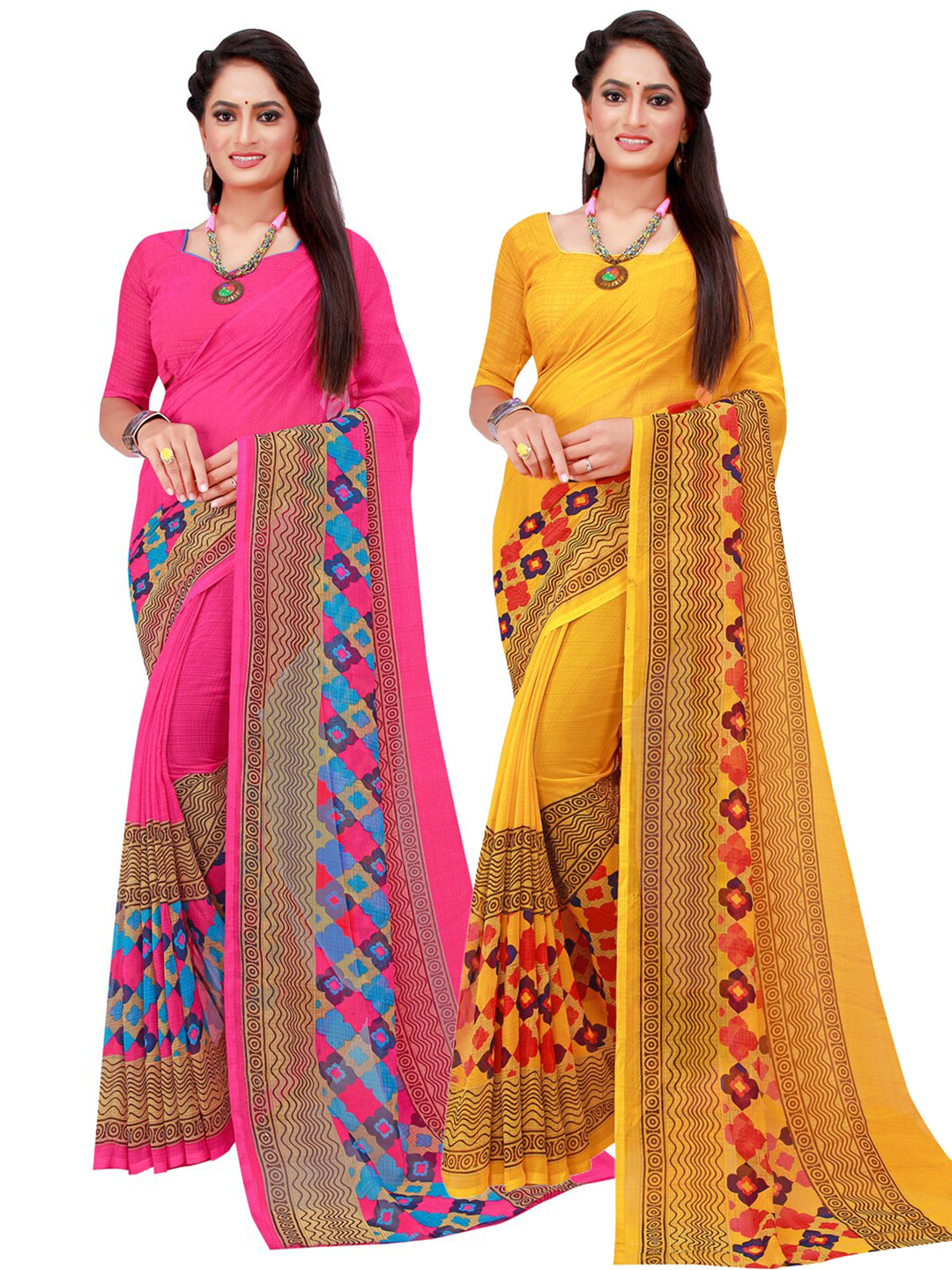 

KALINI Pink & Yellow Pack Of 2 Pure Georgette Sarees