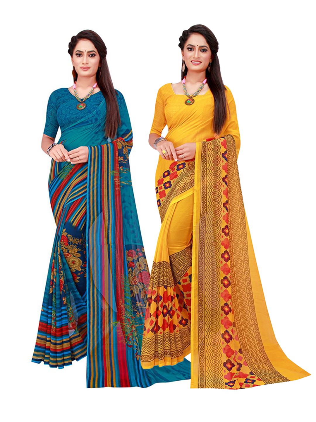 

KALINI Yellow & Indigo Pack Of 2 Pure Georgette Sarees