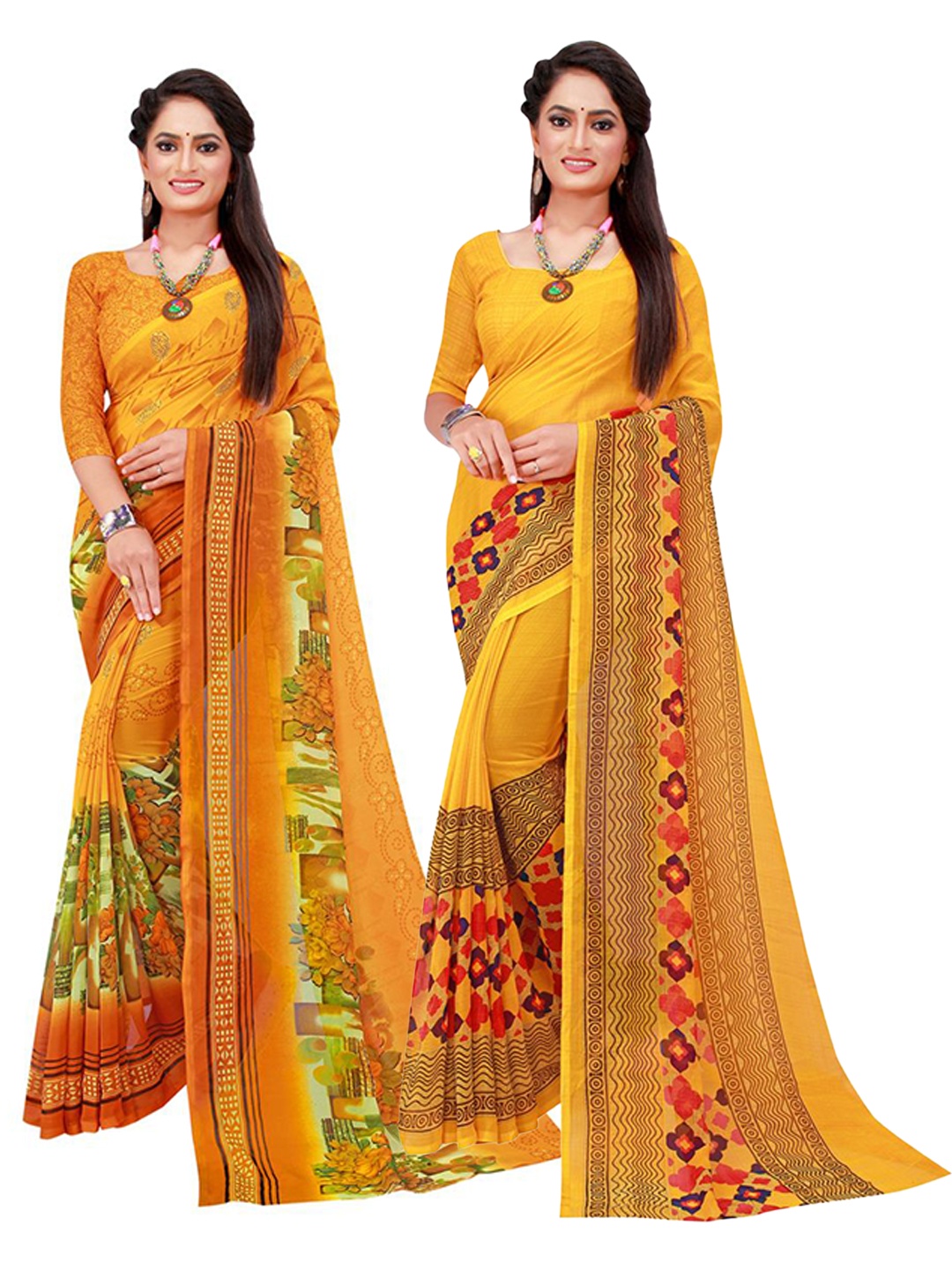 

KALINI Yellow Pack Of 2 Pure Georgette Sarees