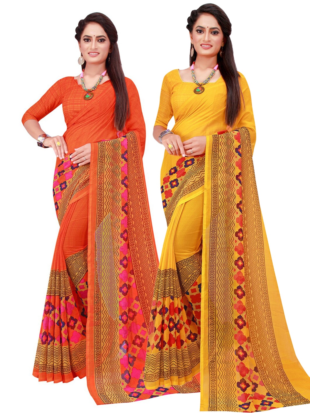 

KALINI Orange & Yellow Pack Of 2 Pure Georgette Sarees