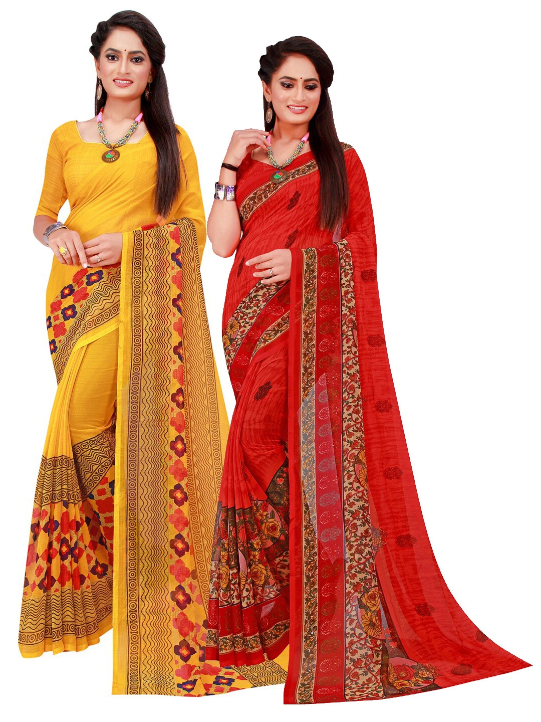 

KALINI Yellow & Red Floral Pure Georgette Saree