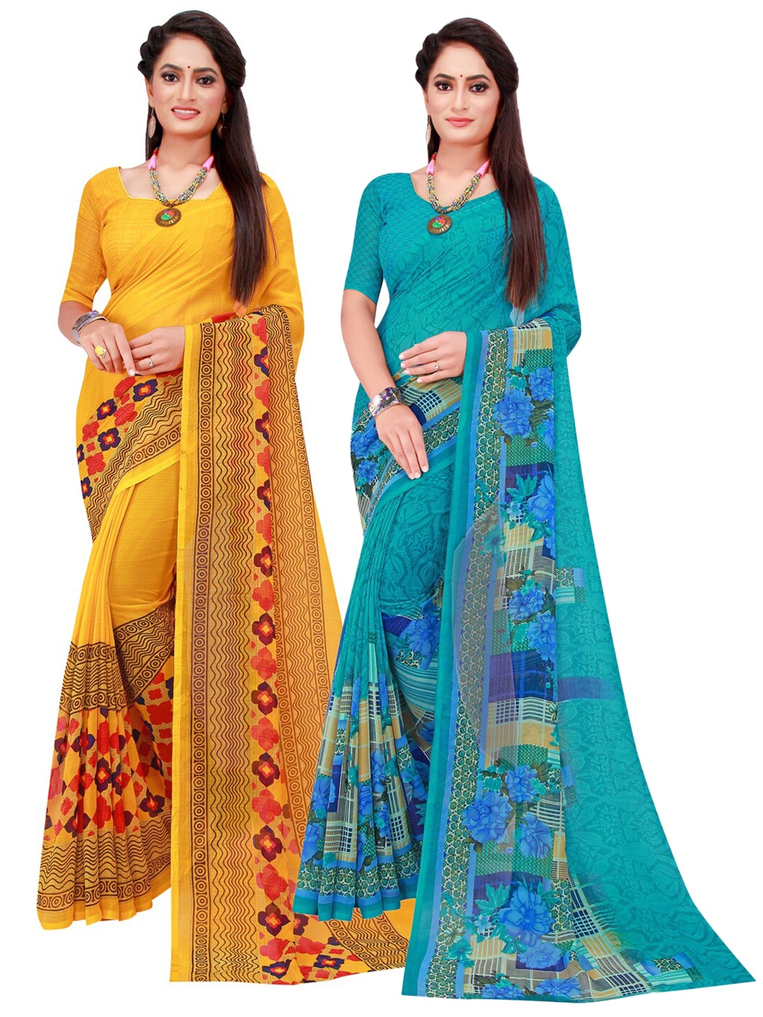 

KALINI Turquoise Blue & Yellow Pack Of 2 Pure Georgette Sarees