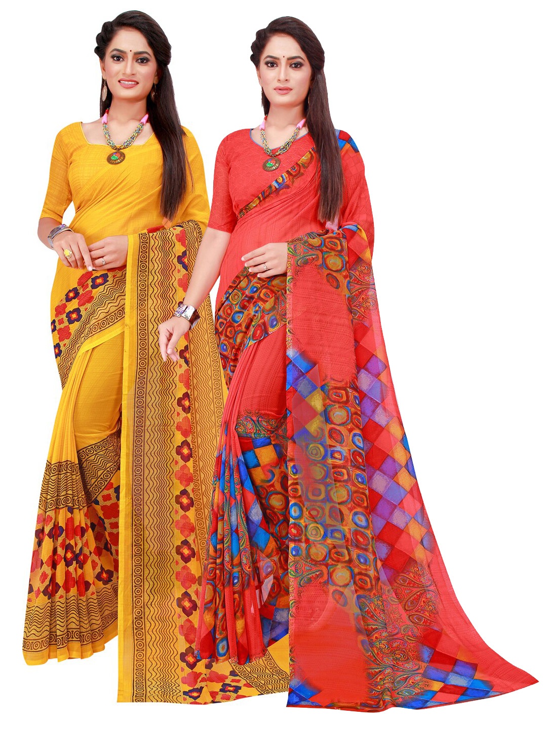 

KALINI Red & Yellow Pack of 2 Pure Georgette Sarees