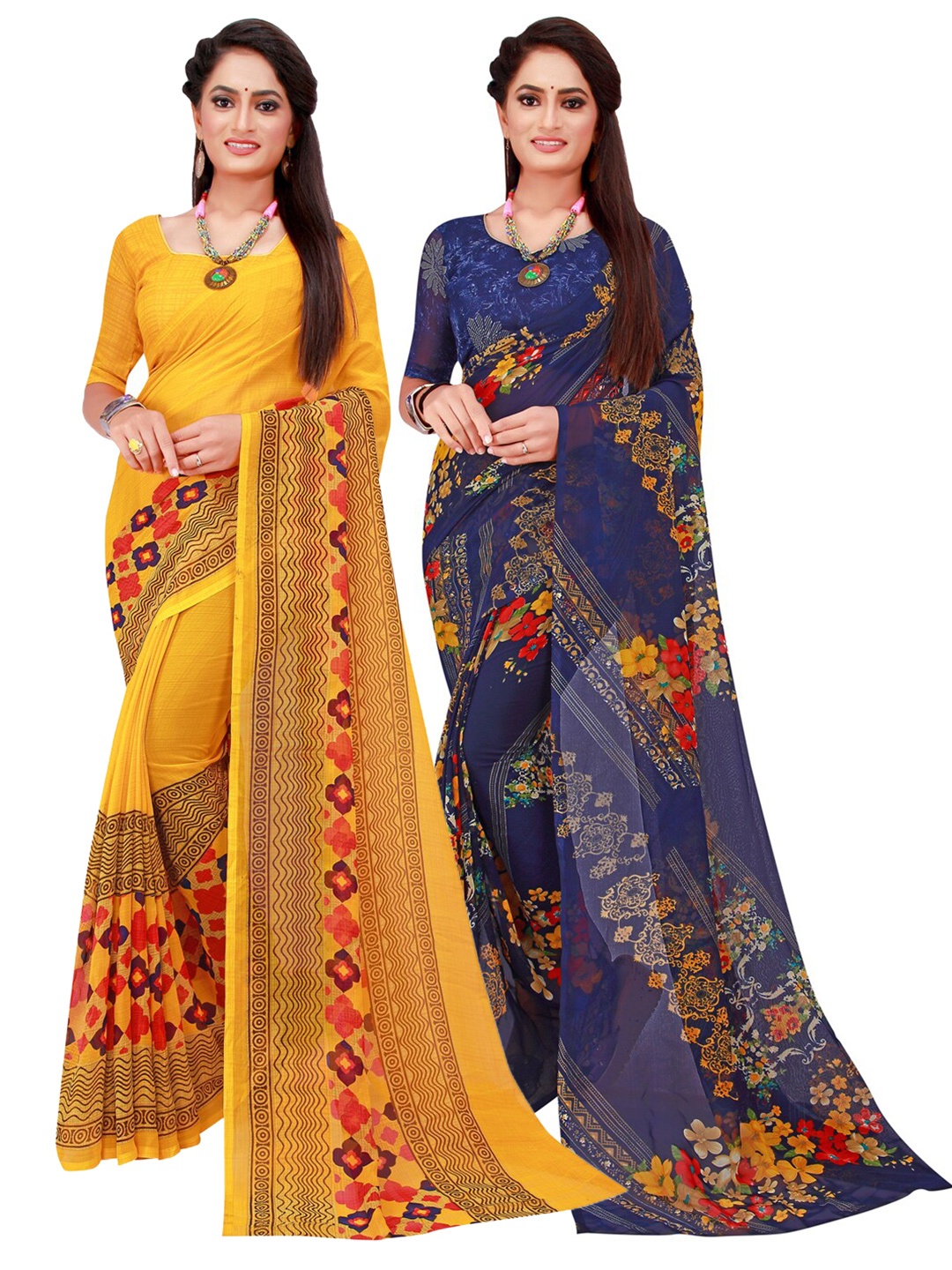 

KALINI Yellow & Navy Blue Pack OF 2 Pure Georgette Sarees