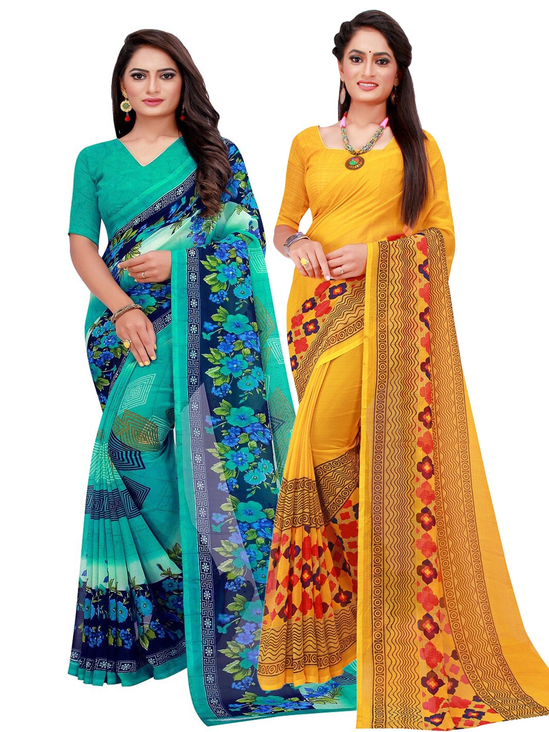 

KALINI Turquoise Blue & Yellow Pack Of 2 Pure Georgette Sarees