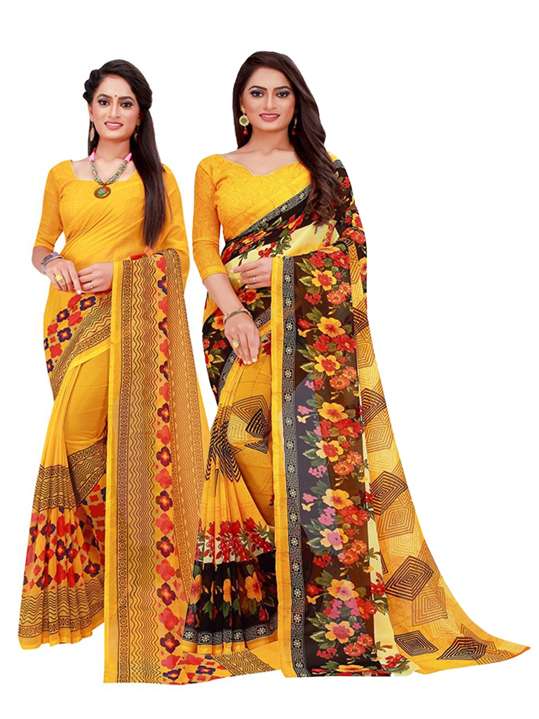 

KALINI Yellow & Black Pack of 2 Pure Georgette Sarees