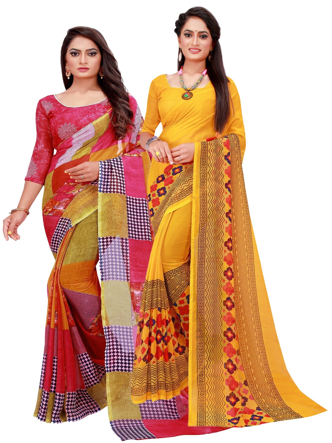 

KALINI Red & Yellow Pack Of 2 Pure Georgette Sarees