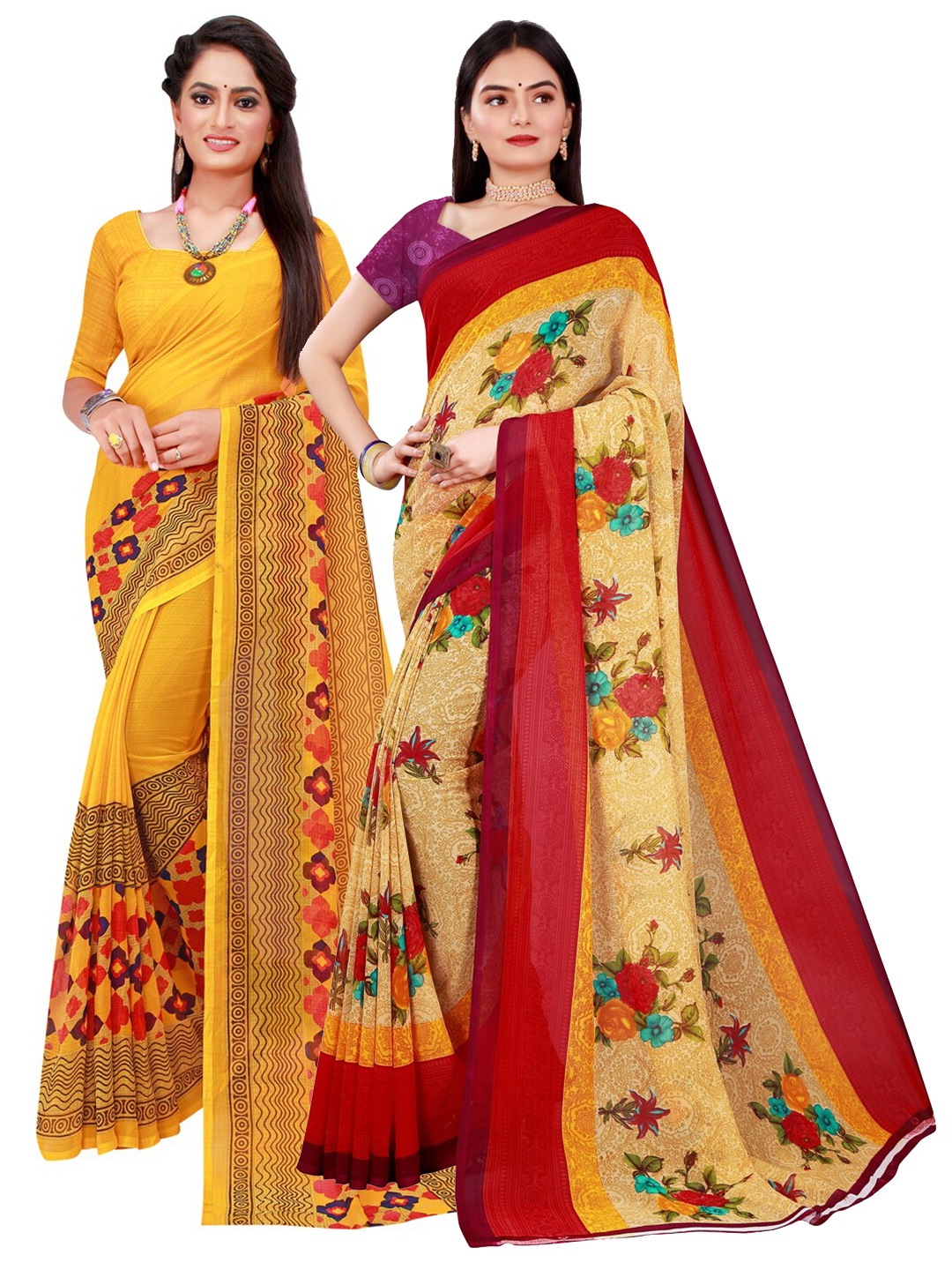 

KALINI Beige & Yellow Pack Of 2 Pure Georgette Sarees