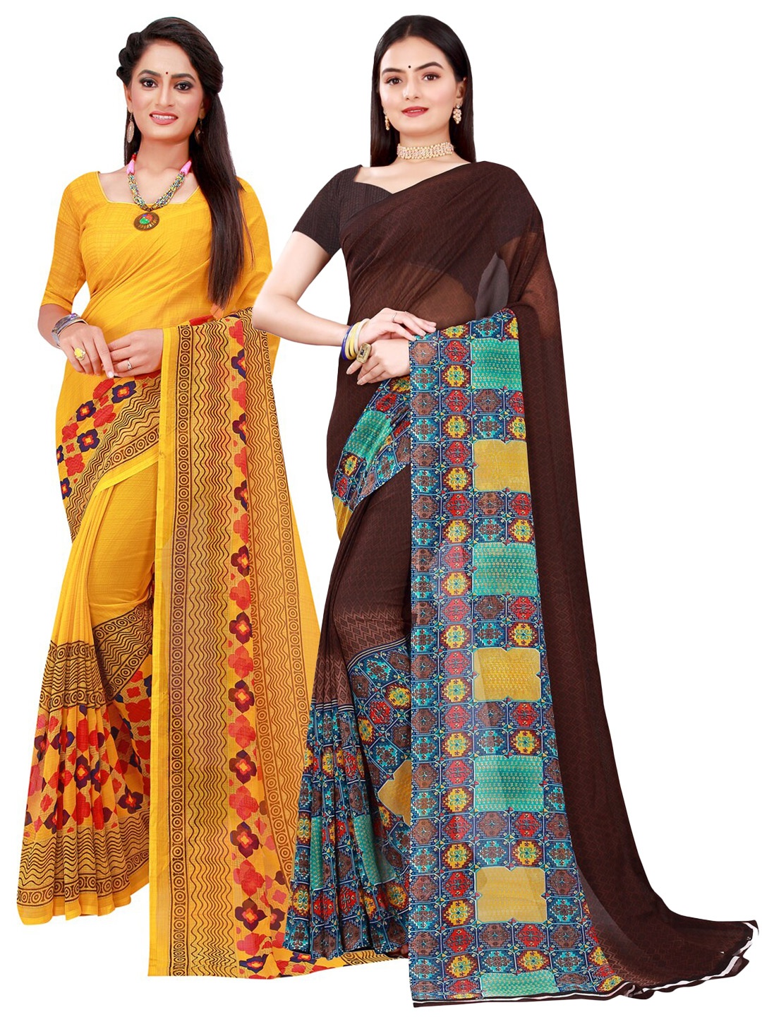 

KALINI Brown & Yellow Pack Of 2 Pure Georgette Sarees