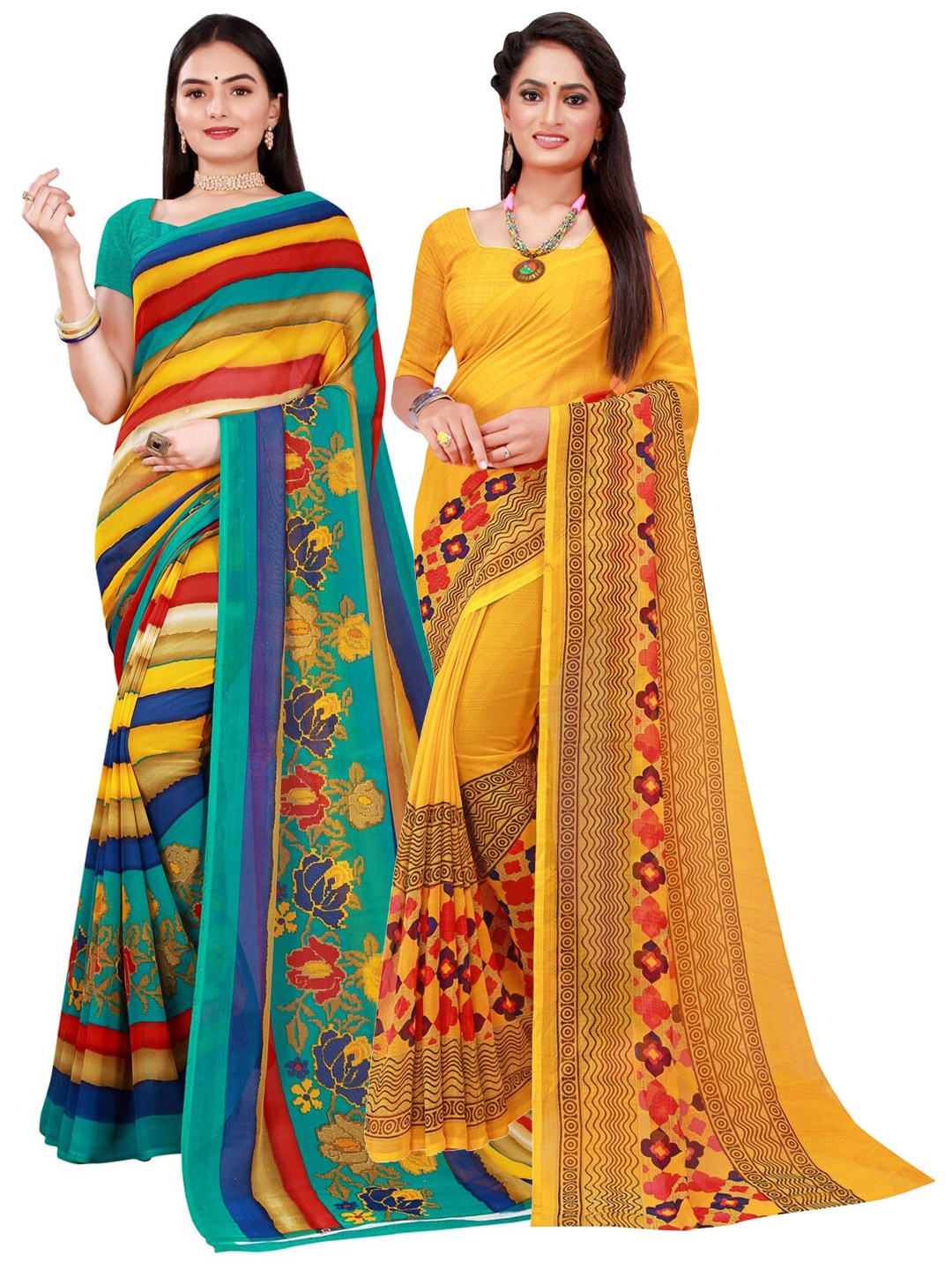 

KALINI Multicolour & Yellow Pack Of 2 Pure Georgette Sarees