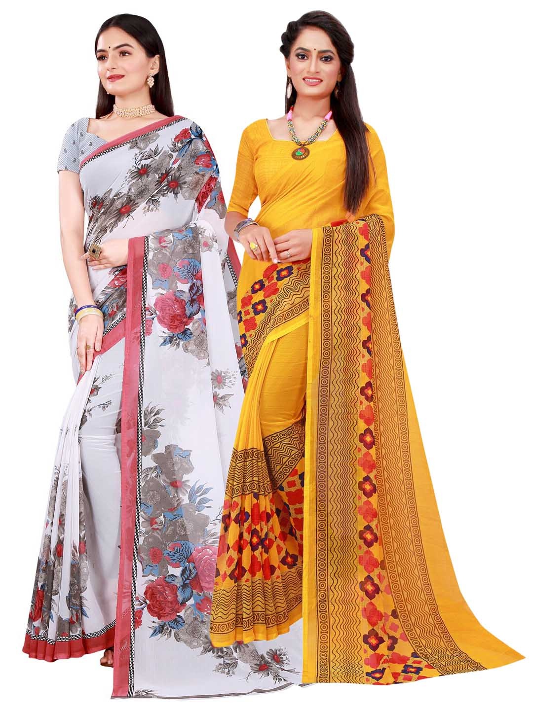 

KALINI Yellow & Grey Pack Of 2 Pure Georgette Sarees
