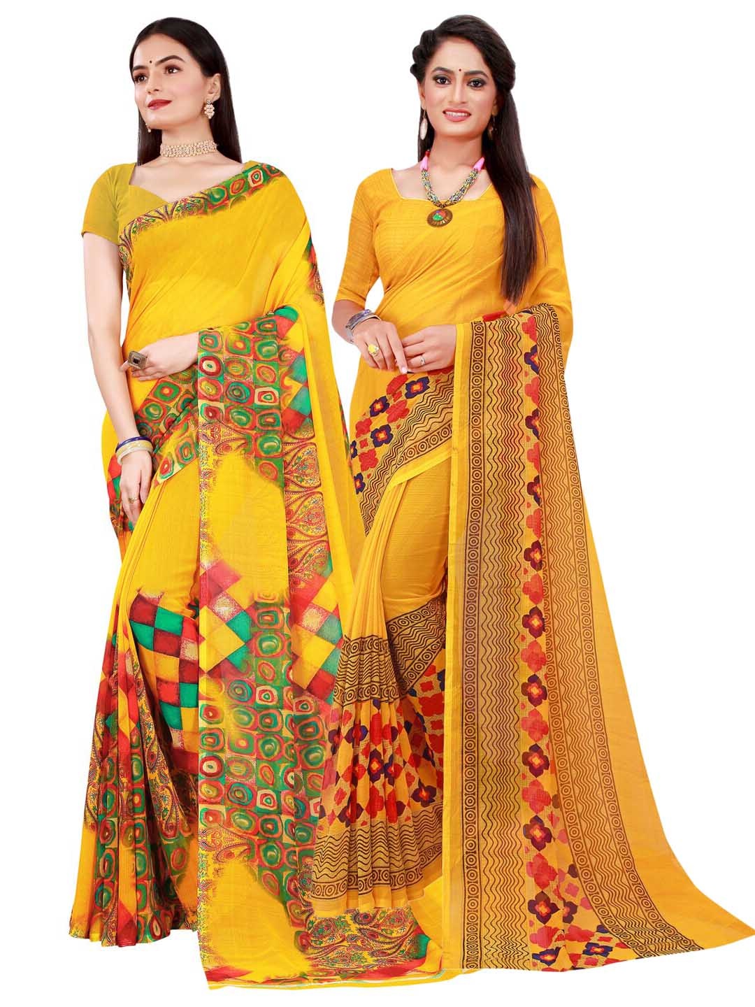 

KALINI Yellow & Red Pack Of 2 Pure Georgette Sarees