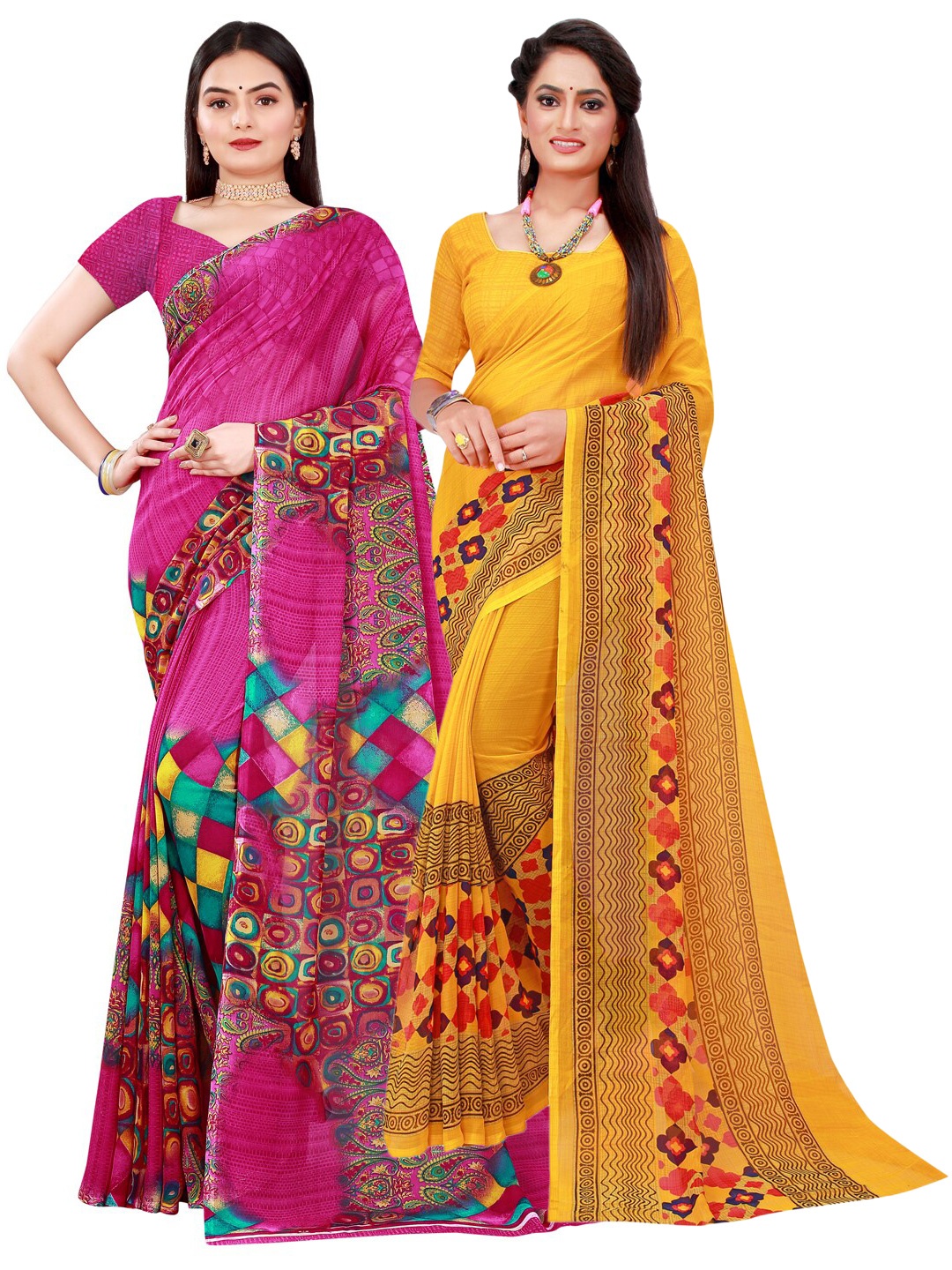

KALINI Magenta & Yellow Pack Of 2 Pure Georgette Sarees