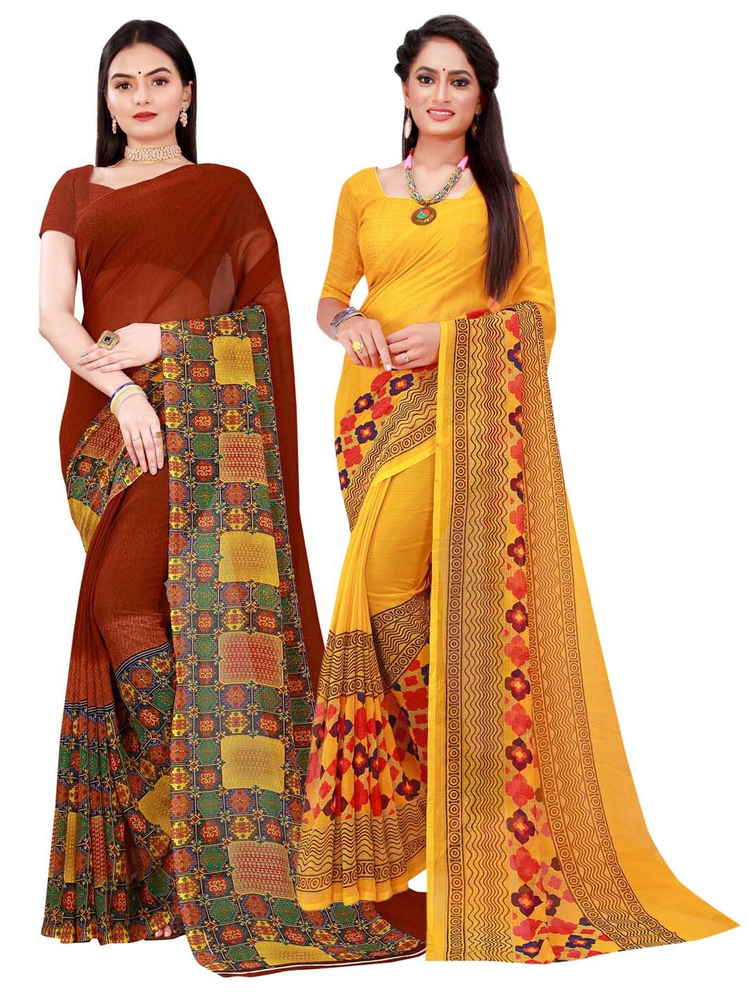 

KALINI Maroon & Yellow Pack Of 2 Pure Georgette Sarees