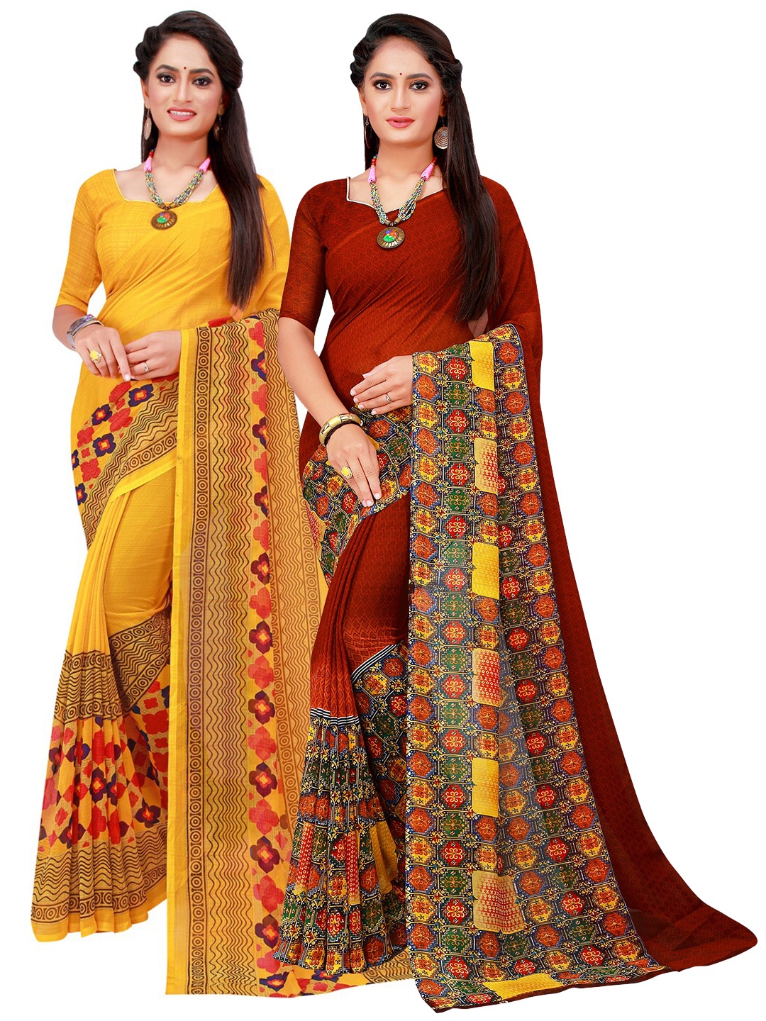 

KALINI Yellow & Maroon Pack Of 2 Pure Georgette Sarees