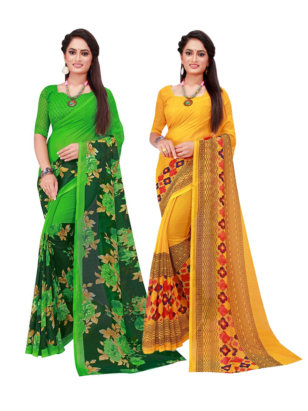 

KALINI Green & Yellow Pack Of 2 Pure Georgette Sarees