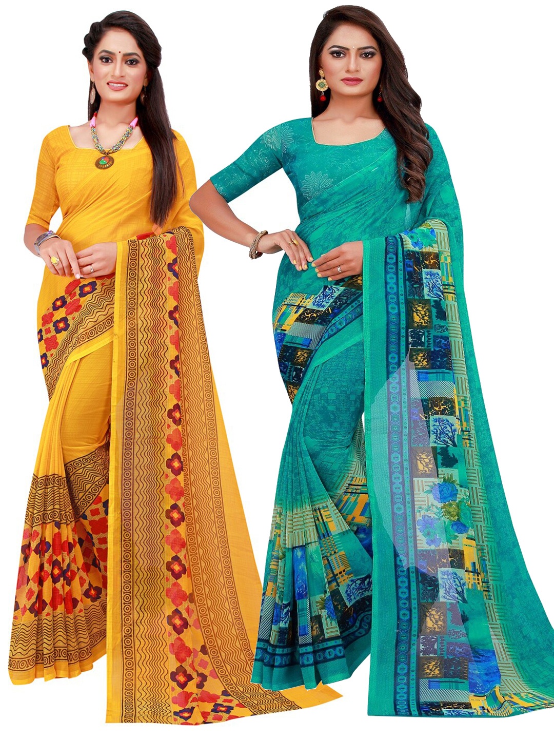 

KALINI Yellow & Turquoise Blue Pack Of 2 Pure Georgette Sarees