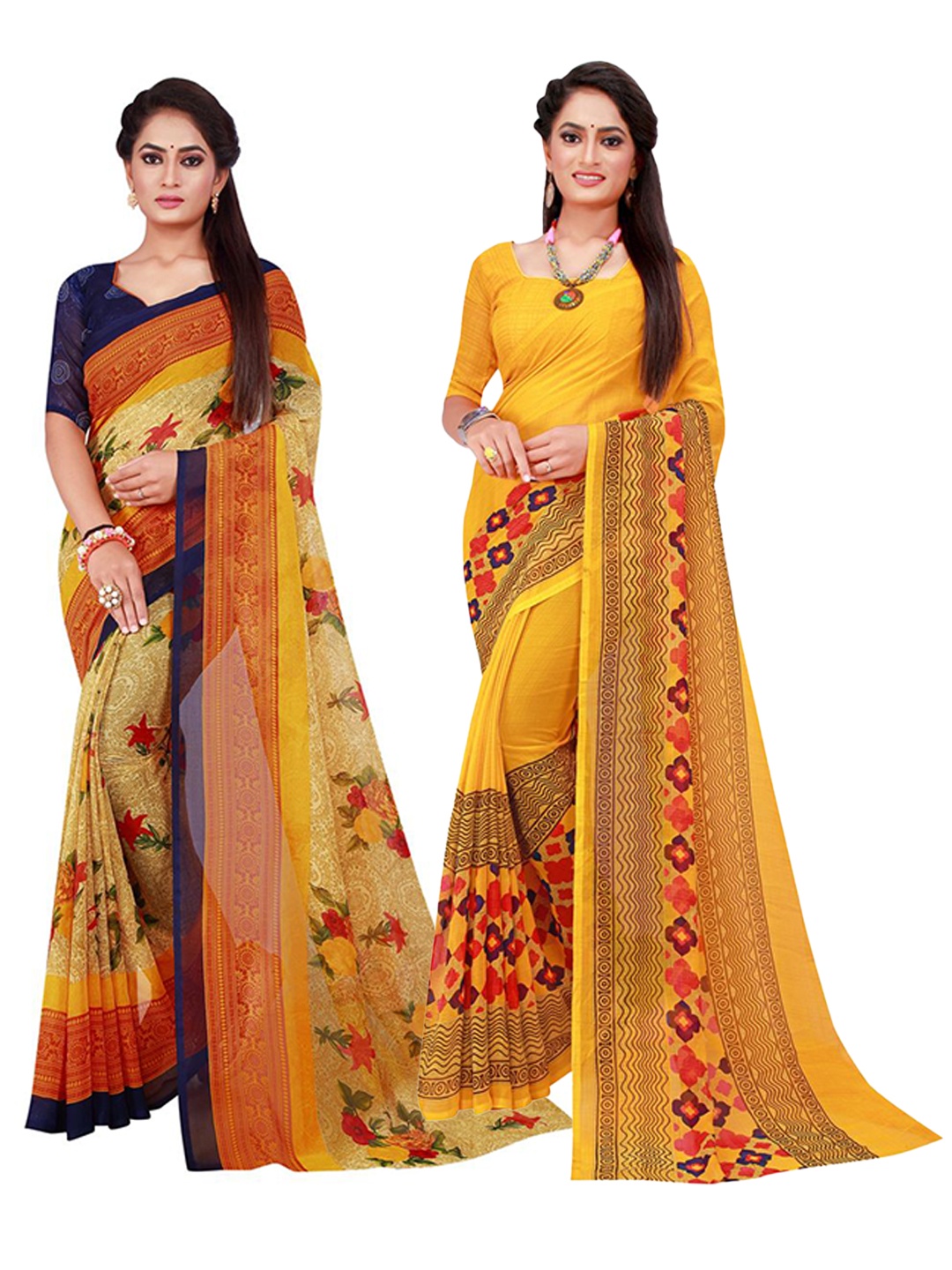 

KALINI Yellow & Blue Pack Of 2 Pure Georgette Sarees